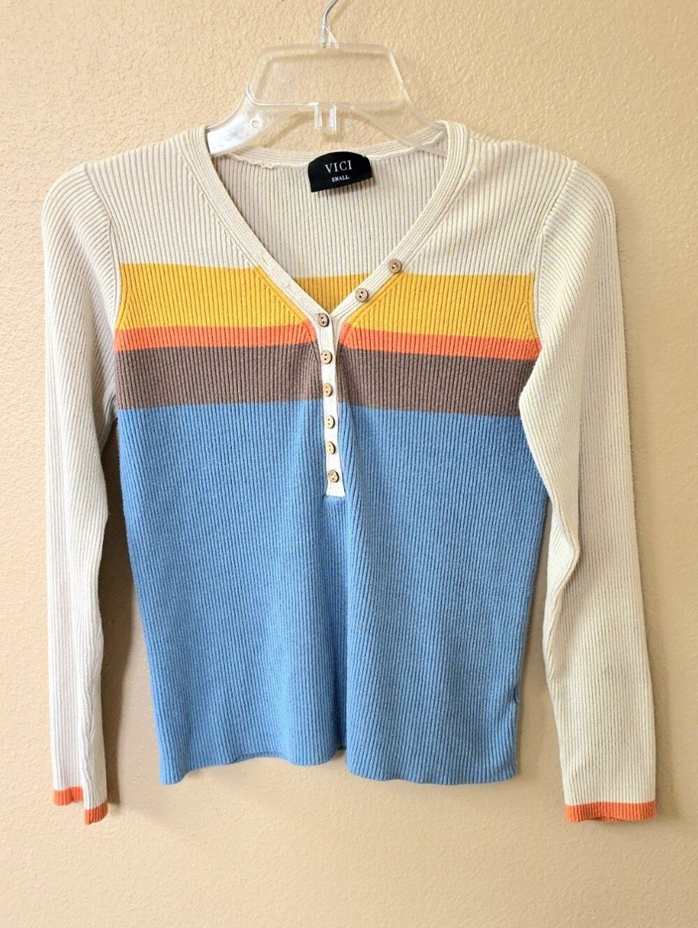 VICI Womens Striped Henley Ribbed Long Sleeve Top - Size Small